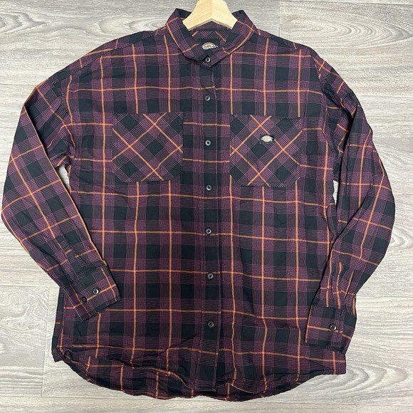 Dickies Plaid Flannel Long‎ Sleeve Black Purple Orange Oversized Size M 0057 - Picture 1 of 5